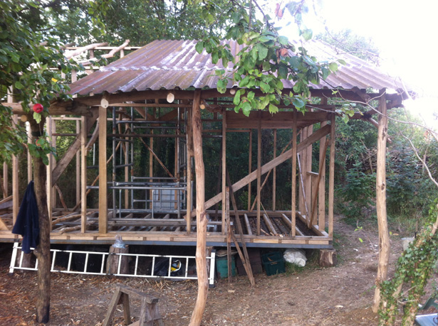 Tin roof on roundwood elm poles