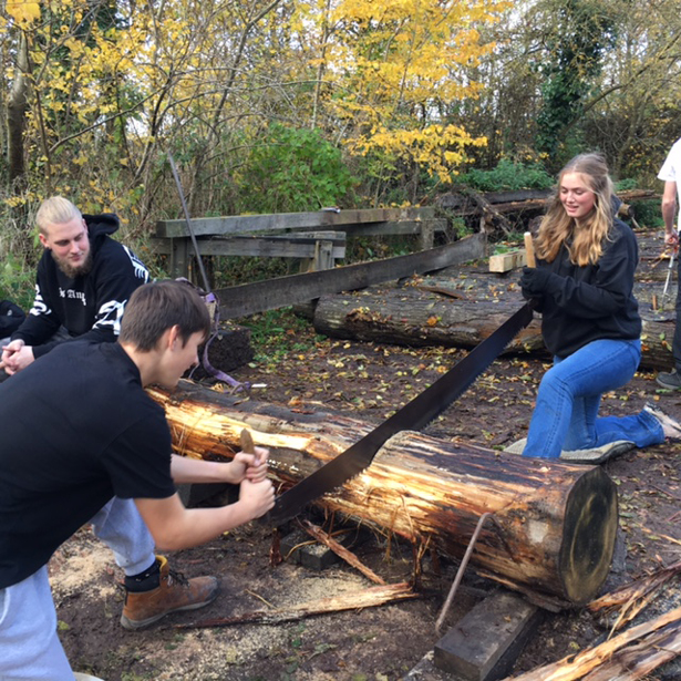 West Suffolk College Construction students learn how to use traditional tree to timber tools
