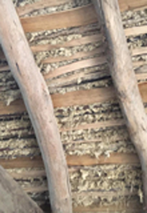 Elm roundwood rafters with wattle and daub infil above in Tool Shed at Orchard Barn